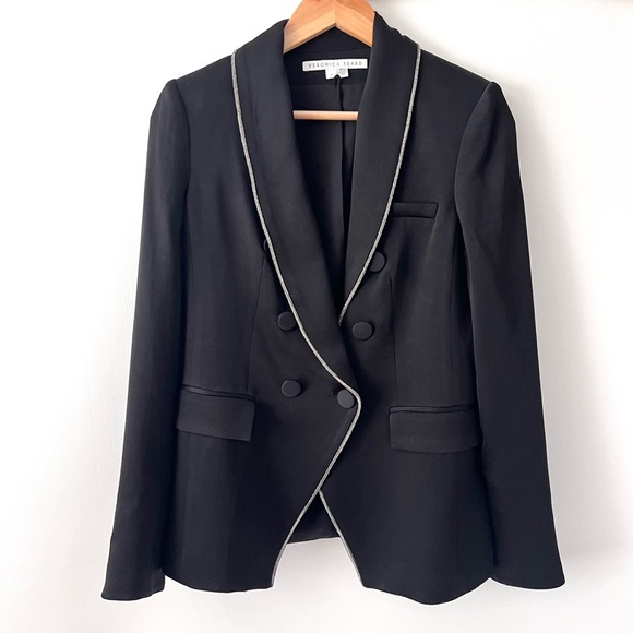 VERONICA BEARD | Jagger Crystal Embellished Piping Black Satin Dickey Jacket 4 - Picture 5 of 11